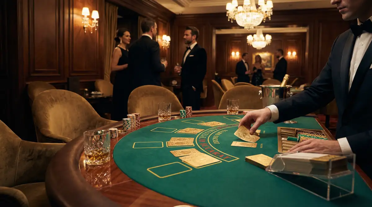 Mesa de bacará elegante con cartas y fichas de alto valor